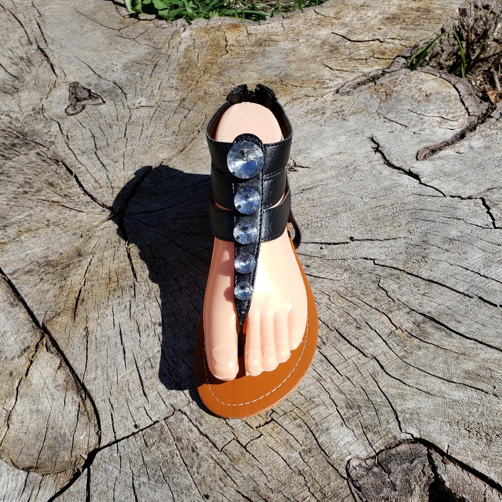 Women's Enclosed Faux Leather T-Strap Sandal with Rhinestone Embellishment Black